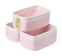 MiniArk Small Storage Baskets for Organizing | Closet Organizer Bins | Shelf Toy Basket | Woven Rope Baskets | Cube Decorative Box | Shallow Basket | 11.5x7.5x4.7” | 3 Packs White Pink