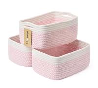 MiniArk Small Storage Baskets for Organizing | Closet Organizer Bins | Shelf Toy Basket | Woven Rope Baskets | Cube Decorative Box | Shallow Basket | 13x8.5x5.1” | 3 Packs White Pink
