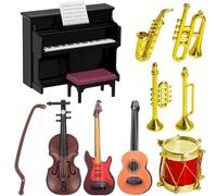 Miniature Accessories, 11 Pieces Miniature Instruments, Dollhouse Mini Musical Instrument Model, 1:12 Piano, Violin, Electric Guitar, Trumpet, Saxophone Drum, Miniature Dollhouse Set