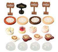 Miniature Bakery Display Set with Cake Stands, Dome Covers, Coffee Cups and Decorative Signs, Tiny Dessert Style Accessories for Mini Scene Decor, Desktop Display and Collectible Arrangements