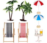 Miniature Beach Ornament Set Tropical Deckchairs Parasols Palm Trees Drinks Round Tea Table for Fairy Garden Decor Dollhouse Decoration
