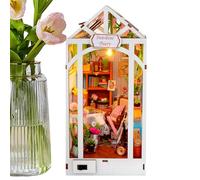 Miniature Book House - 8 Inch Wooden Greenhouse Puzzle Led Light for Creative Display, Educational Fun with Assembly Function, Tiny Room Shelf Decor for Office Library, Natural Wood, Gift Box Use