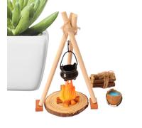 Miniature Campfire Set - 1:12 Scale Model Kit Doll House Accessories for Outdoors | Resin Burning Logs with Glowing Embers & Tiny Iron Kettle for Fairy Garden, Home, Indoor and Holiday