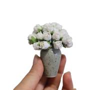 Miniature Ceramic Flower Vase with White Roses, Handcrafted Pottery, 2.3 Inch, Dollhouse Decor for 1:6 and 1:12 Scale DIY Arrangement