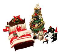 Miniature Christmas Decorations, Miniature Christmas Tree for Doll House, Tree Bed Piano Model, Mini Gift Box Bed Piano Model Table Centerpiece Holiday Decor, Christmass Bedroom Models for Holiday
