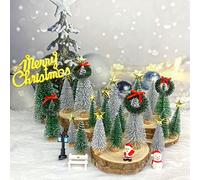 Miniature Christmas Tree, Mini Ornaments Desktop Trees, Miniture snowing pine trees with Wooden Bases For Xmas Holiday Party Home Decor