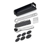 Miniature cycling tool with multifunction wrench and compartment for space saving bike storage tool pouch