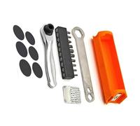 Miniature cycling tool with multifunction wrench and compartment for space saving bike storage tool pouch