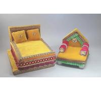 Miniature Decorative Bed and Sofa Set, Yellow, Handcrafted, Traditional Indian Style, Festive Decor