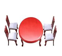Miniature Dollhouse Furniture Set - 1 Round Redwood Table and 4 Chairs, 1:12 Scale, Wooden and Cloth Material, Perfect for Pretend Play