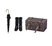 Miniature Dollhouse Furniture Travel Set, 3Pcs Doll House Accessories with Black Rain Boots, Foldable Umbrella and Vintage Suitcase, 1:12 Scale Pretend Play Toy for Mini Houses Decoration and Playhous