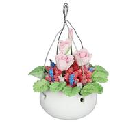 Miniature Dollhouse Hanging Flower Basket, 1:12 Scale Resin Flower Pot with Pink Roses, Ceramic Pot with Iron Wire Hanger for Doll House, Pretend Play Toy for Kids and Collectors