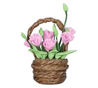 Miniature Dollhouse Pink Flower Basket, 1:12 Scale Resin Clay Flowers in Woven Pot, Decorative Doll House Accessories, Pretend Play Toy for Kids and Mini Houses Collectors