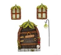 Miniature Fairy Gate Cottage Set of 4 Garden Statues with Resin Leaf Doors and Windows That Glow in the Dark for Creative Outdoor Wall Tree Decor