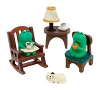 Miniature Frog Desk Set with Chair Cat and Lamp Table Mini Cute Figurine Adorable Miniature Frog Figurine 6-Piece Cute Figurines for Home Office Desk Decor