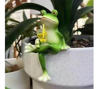 Miniature Frog Garden Statue Flower Pot Hanger Ornament, Resin Frog with Wine Glass Drinks, Happy Laid Back Flower Pot Hugger for Garden Outdoor Yard Lawn Ornament
