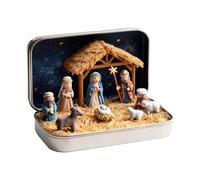 Miniature Holy Family Nativity Set In Tin Box - Christmas Tabletop Decor For Bookshelf & Fireplace Mantel