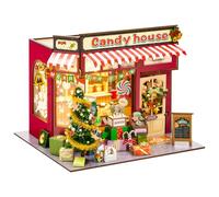 Miniature House Kit, DIY Christmas Village Houses Set Decorations, LED Lights Christmas Town Scene Desktop Ornaments, Christmas Candy Stand Gift for Children and Adults (Candy House)