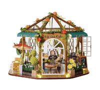 Miniature House Kit Garden Cafe Tiny House with Wooden Furniture and LED Light Creative Kits Crafts for Teens Adults Build A Small Model