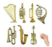 Miniature Musical Instruments 7PCS/Set Plastic Saxophone Christmas Ornament Hanging Tiny Violin with Hole Hook Golden Toy Trumpet for Dollhouse, Xmas Tree Saxophone Christmas Ornament, Tiny Violin