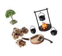 Miniature Outdoor Campfire Set with Iron Pots Firewood and Tree for 1 / 12 Scale Model Scene Display Accessories Realistic Doll House Camping Accessories with Simulation Flame and Wood Bonfires for