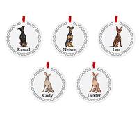 Miniature Pinscher Dog Personalised Round Shaped Personalised Christmas Tree Bauble - With the name of your choice - 5 Different Designs Available at Customisation Point