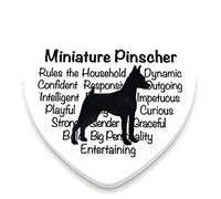 Miniature Pinscher FRIDGE MAGNET - dog silhouette in black on white ceramic heart shaped fridge magnet with dog's characteristics in background. Great gift/ present idea for dog lover.