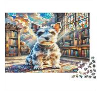 Miniature Poodle Paper Yorkie in Old Library with Stained Glass Jigsaw Puzzle Set Family Fun Stocking Filler 38x26cm/1000pcs
