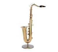 Miniature Saxophone - Band Ornament, Instrument Figurine | Gold Plated Detailed Small Saxophone Model with Stand Case for Music Lovers, Vintage Brass Look Display Piece, Desktop Decoration with Case f