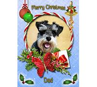 Miniature Schnauzer Dog Christmas Card Blue 'Merry Christmas Dad' - Special Animal Xmas Card for Him From Pets Kids