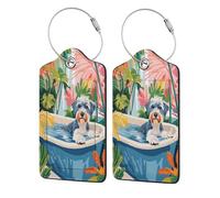 Miniature Schnauzer Dog in Bathtub Tropical Luggage Tag for Suitcase 2 Pack Leather Luggage Tag with Privacy Flap Name Id Label and Metal Loop for Women Men Travel