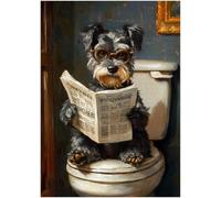 Miniature Schnauzer on Toilet Jigsaw Puzzle 1000 Pieces for Adults - Quirky Dog Reading Newpaper with Glasses - Dog Bathroom Decor Puzzles