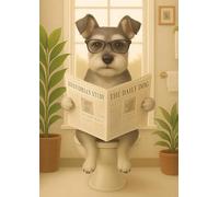 Miniature Schnauzer Reading Newspaper On Toilet Art Print, Funny Bathroom Wall Decor, Modern Style, Humorous Pet Portrait with Glasses. Size A4