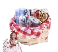 Miniature Sewing Basket for Doll house - 1/12 Scale Realistic Craft Kit with Fabric, Scissors, Tape Measure & Ribbon, Cute Sewing Room Accessory for Dollhouses Bedroom, Gift for Craft Lovers