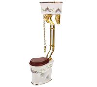 Miniature Toilet with Ceramic Body and Floral Vine, Purple Flower | Elevated Cistern with Visible Fittings, Decorative Pull Chain and Brackets, Distinctive Detail for Miniature