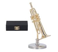 Miniature Trumpet Model, Brass Mini Trumpet Ornament, Exquisite Design with Stand and Case, Romantic Vibes Mini Musical Instrument for Desk Bookshelf Display (2.56in)