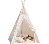 MINICAMP Original Kids Teepee Tent - Handmade Natural Canvas & Wooden Playhouse with Tassels, Extra-Stable Indoor Tent for Toddlers and Children