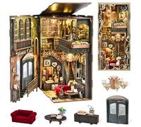 MiniCity Book Nook Kitwith Dust Cover and LED Light, 3D Wooden Puzzle Bookend Bookshelf Insert Decor for Teens and Adults (Saisons Café)