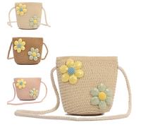 Minicloss Girl Shoulder Bag Cute Floral Straw Crossbody Bags Little Girl Handbags Braided Shoulder Bag for Kids Shopping Purse (Beige)