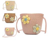Minicloss Girl Shoulder Bag Cute Floral Straw Crossbody Bags Little Girl Handbags Braided Shoulder Bag for Kids Shopping Purse (Pink)