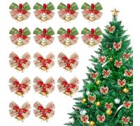 Minicoco 16Pcs Pure Linen Fabric Christmas Bows with Bells, Christmas Ribbons, 2.17 * 1.81 Inch for Wreaths Bows Xmas Bow Decorations, Christmas Tree, Wreaths, Garland Decor