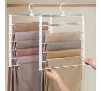 Minicoco 2 Pack Space Saving Trouser Hangers 6-Tier Sturdy Stainless Steel Foldable Non-Slip Multi Clothes Hanger Organiser for Trousers, Skirts, Scarves, Towels, Ties, Belts
