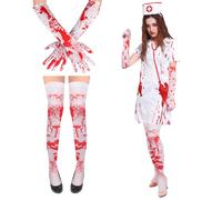 Minicoco 2 Pair Halloween Stocking and Gloves - Blood Stained Stockings & Gloves Womens Gory Nurse Tights Cosplay Costume Accessories for Halloween Party Supplies