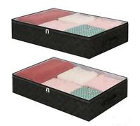 Minicoco 2PCS Underbed Storage Box 40L Under Bed Storage Box with Lid Storage Bags for Clothes Black Fabric Clothes Storage Bag with PVC Window Foldable Underbed Organiser for Blankets Bedding Shoes