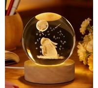 Minicoco 3D Crystal Ball Night Lights Crystal Globe 8cm Rabbit Moon Glass Ball with Warm LED Lamps & Wood Base Glowing Planets Globe Lighting Decor for Home Office Paperweight Easter Gift for Her/Him