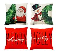 Minicoco 4 Pcs Christmas Throw Pillow Cushion Covers - Red Linen Square Pillowcase 45 x 45cm Decorations with Santa Snowman and Pine Tree for Sofa Car Home Xmas Decorations