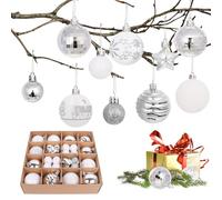 Minicoco 44 Pcs Christmas Baubles Set - 9 Assorted Styles | Shatterproof Hanging Ball Ornaments for Xmas Tree, Holiday Party & Wedding Decor (2 Sizes: 6cm & 3cm, Silver and White)