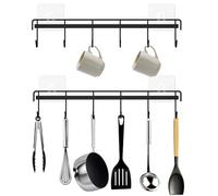 Minicoco 6-Hook Wall-Mounted Space-Saving Organizer, No-Drill Adhesive Kitchen Utensil Hooks for Bathroom & Bedroom Storage, 2-Pack Heavy Duty Black Hanging Rack, Damage-Free Installation