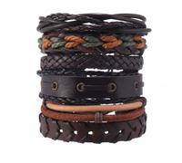 Minicoco 6 Pcs Mens Bracelets Leather Bracelets For Men Women Wrist Bands Rope Adjustable Elastic Punk Bracelets Gifts for Mens(Brown)