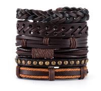 Minicoco 6 Pcs Mens Bracelets Leather Bracelets For Men Women Wrist Bands Rope Adjustable Elastic Vintage Bracelets Gifts for Mens(Brown Orange)